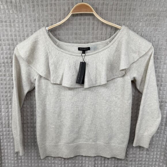 New Banana Republic Women's Off Shoulders Sweater Beige Large Wool Cashmere READ - Picture 2 of 7